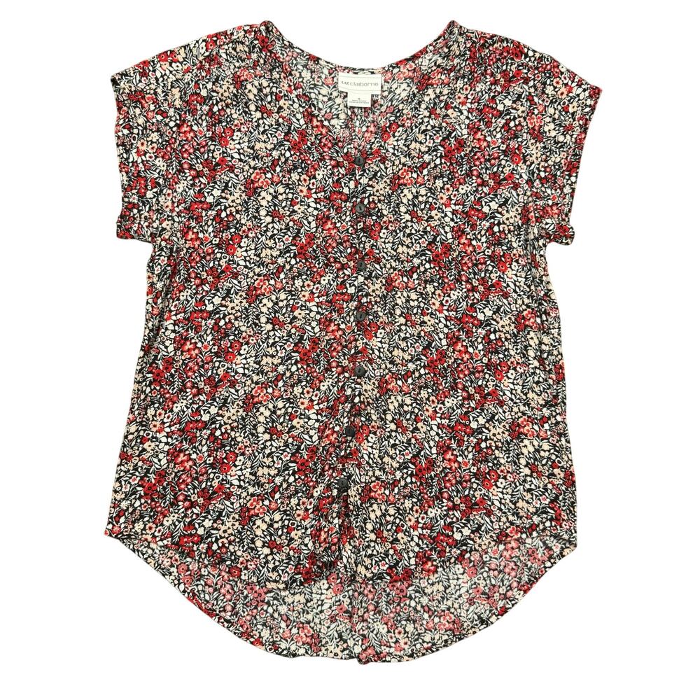Liz Claiborne SMALL black red floral boho business casual short sleeve top